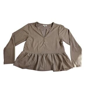 MINE Peplum Tan Medium Womens Top Long Sleeve Ribbed